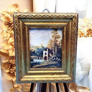 L'Alba by Van Loo Miniature Art Gold Gilt Frame Rustic River Scene Italy Print